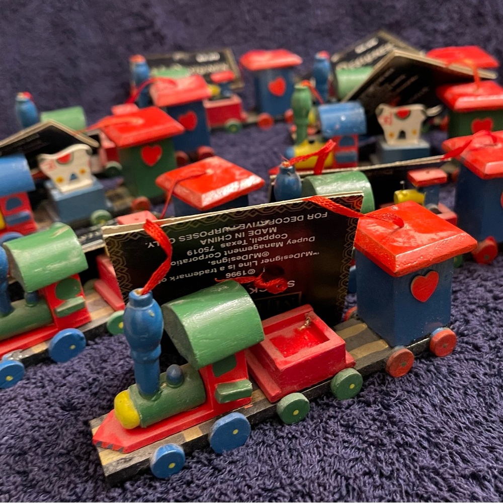 Vintage MJ Designs wooden train Christmas Ornaments